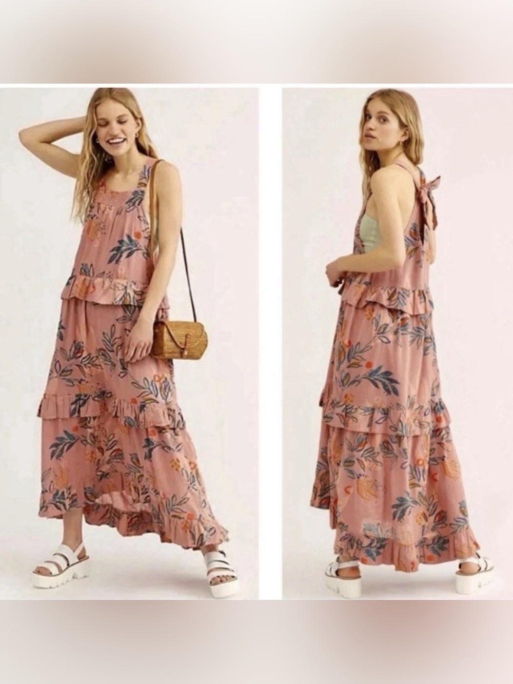 Free People Anita Printed Maxi Dress Tiered Ruffle Desert Ross L